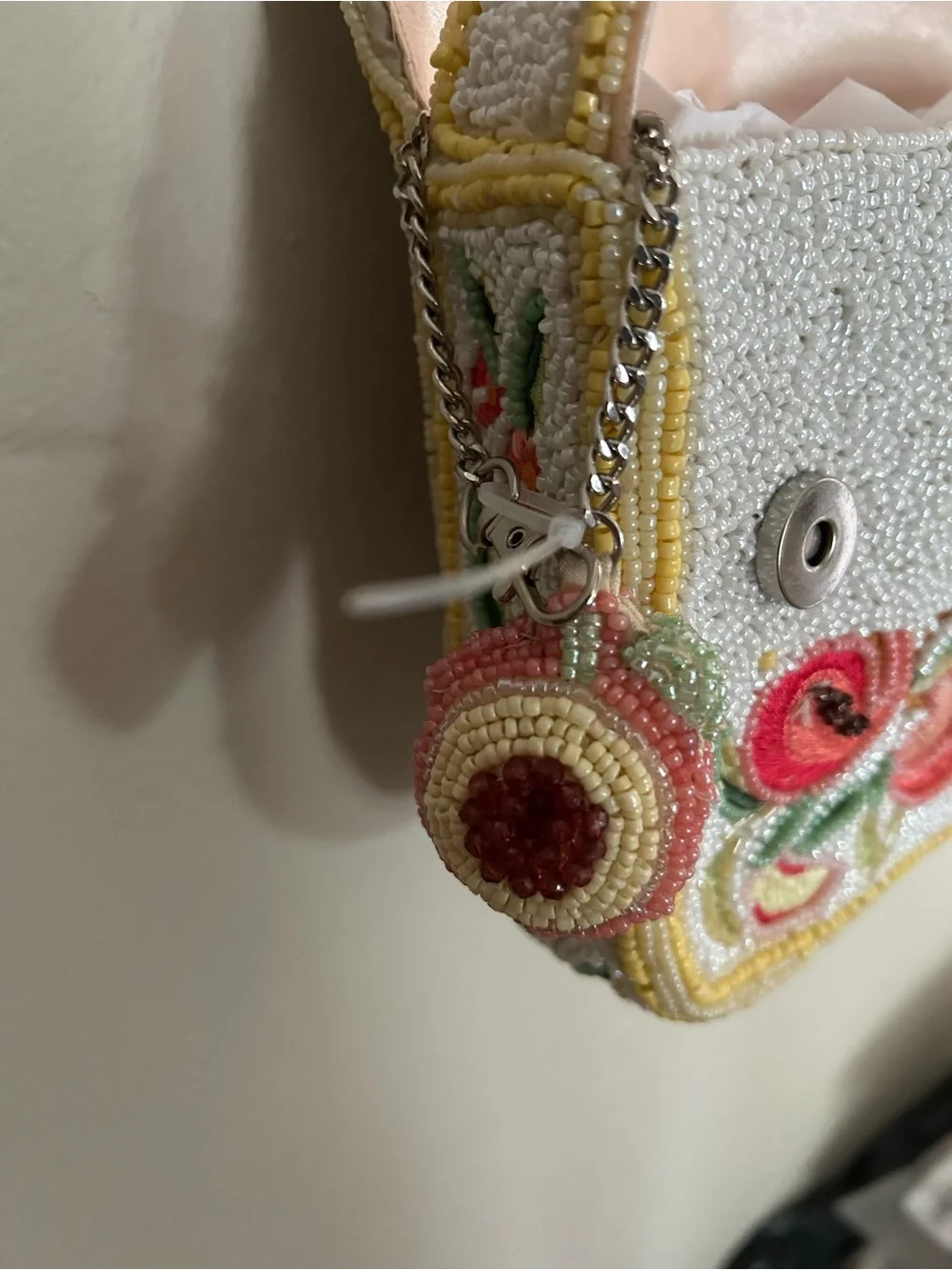 Marshalls Beaded Floral Shoulder Bag - Cream, Pink & Green PEACHES!
